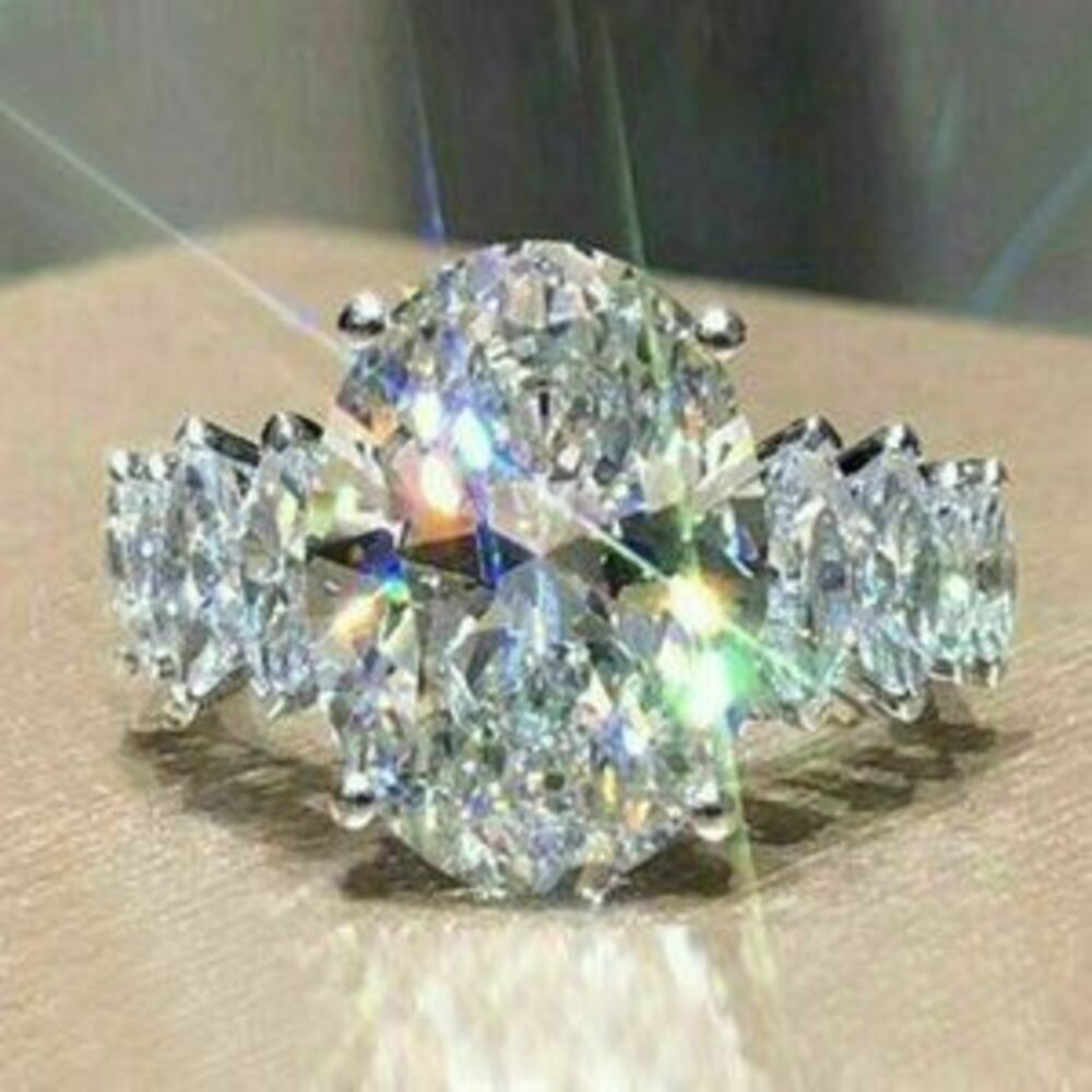 *NEW 925 Sterling Silver Huge Oval Diamond Ring T